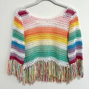 Rainbow Crochet Fringe Open Knit Top Boho Festival Colorful Hippie Whimsy Womens
